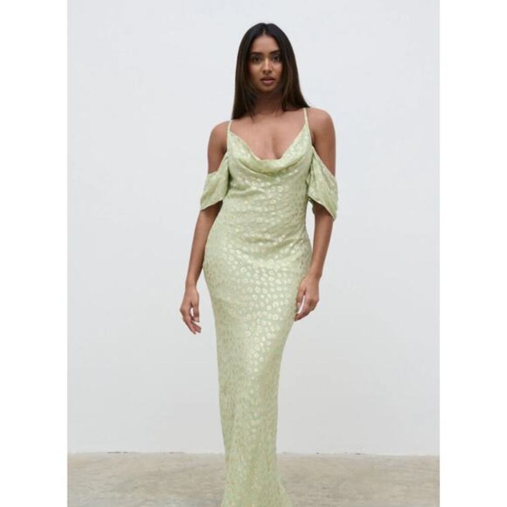 Pretty Lavish Nia Dress Green Metallic Glitter Draped Cold Shoulder‎ Maxi NWT 20